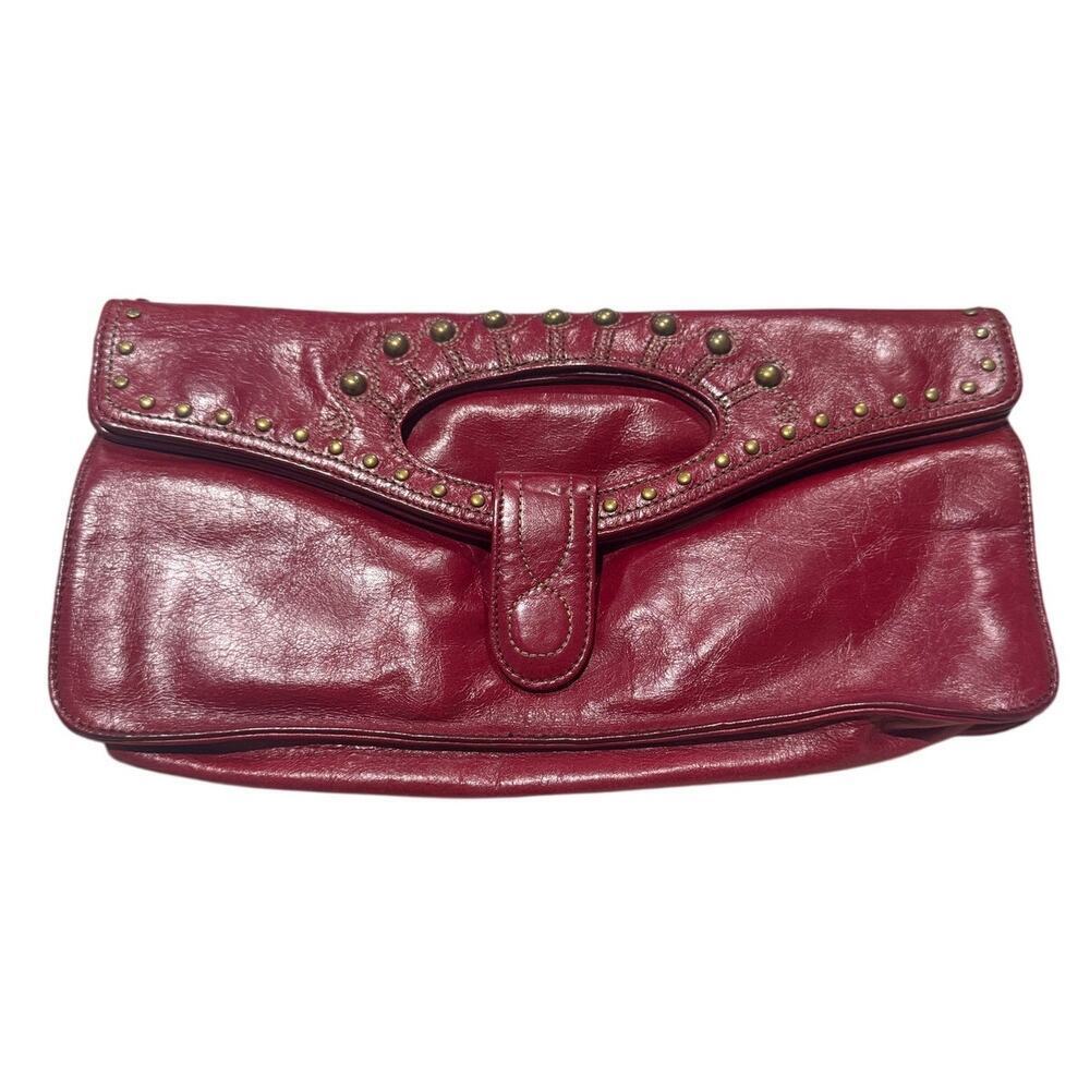 Hobo International Red Leather Studded Cutout Clutch Purse Foldover Bag
